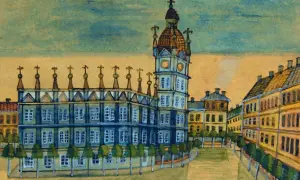 Obraz w stylu prymitywizm przedstawia miejski rynek z ratuszem i kamienicami.