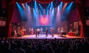 Scena teatralna z aktorami w strojach z epoki, grającymi w jednym z wielu wspaniałych **teatr spektakle**. Widownia wpatrzona w wydarzenia.