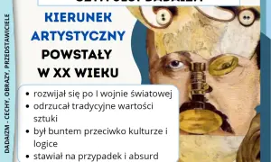 Dadaizm: kierunek artystyczny XX wieku, bunt przeciw logice i tradycji, stawiający na przypadek. Obraz przedstawia surrealistyczną twarz z elementami dadaistycznymi.