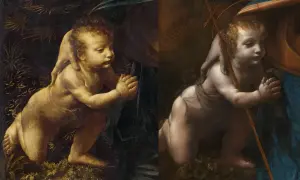 Dzieciątko Jezus klęczy, modląc się, w otoczeniu roślinności. Obok niego widać fragment dłoni Matki Boskiej, jak w obrazie "Madonna ze skał".