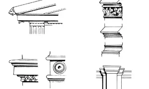 Rysunki detali architektonicznych: gzyms, kapitel z liśćmi, baza kolumny i fragment belkowania. Ilustracja porządki architektoniczne.