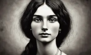 Portret młodej kobiety o ciemnych włosach i przenikliwym spojrzeniu. To siostra Rodiona, której oczy zdają się skrywać tajemnicę.