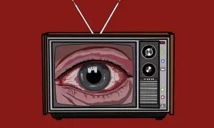 Telewizor z wielkim, czerwonym okiem zamiast ekranu. To symbol, jak policja myśli o kontroli i inwigilacji.