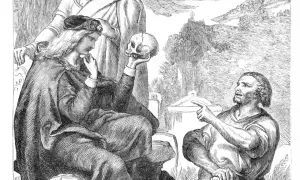 Hamlet, polski obraz. Książę rozważa czaszkę, podczas gdy Horacy wskazuje na coś w oddali.