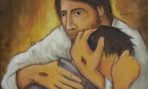 Jezus pociesza wątpiącego Tomasza, pokazując mu swoje stygmaty.