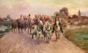 Obraz przedstawia barwny korowód konny i wozów, ludzi w strojach ludowych, przypominający sceny z życia wsi, często spotykane w maki w malarstwie polskim.