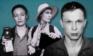 Trzy postacie z filmów i seriali Jana Holoubka: kobieta z legitymacją policji, podróżniczka w kapeluszu i mężczyzna o intensywnym spojrzeniu.