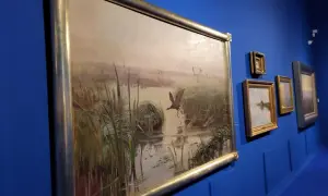 Obraz Józefa Chełmońskiego: bociany nad mokradłami, w tle inne obrazy.