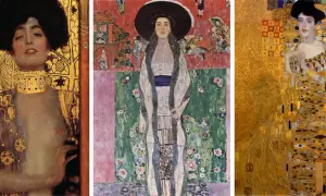 Trzy portrety Adele Bloch-Bauer, w tym słynny "Adele Bloch-Bauer II", w złotych, ozdobnych szatach i z bogatymi zdobieniami.