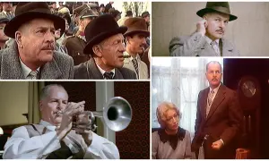 Kadr z filmu "Vabank". Reżyser Juliusz Machulski w różnych wcieleniach, grający na trąbce i w eleganckim kapeluszu.