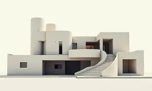 Nowoczesna willa w stylu konstruktywizm, z geometrycznymi formami, zaokrąglonymi elementami i imponującymi schodami.