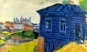 Niebieska chata na wzgórzu, w tle miasto z białymi cerkwiami. Obraz Marca Chagalla, jedno z jego najważniejszych dzieł, ukazuje sielski krajobraz.