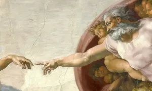 Boska iskra życia. Stworzenie Adama interpretacja Michała Anioła, gdzie Bóg tchnie życie w człowieka.