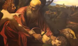 Abraham powstrzymany przed ofiarowaniem Izaaka. Baranek czeka obok.