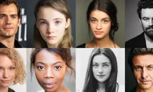 Portrety aktorów z serialu Wiedźmin: Henry Cavill, Freya Allan, Anya Chalotra, Joey Batey, Mimi Ndiweni, Anna Shaffer, Therica Wilson-Read.
