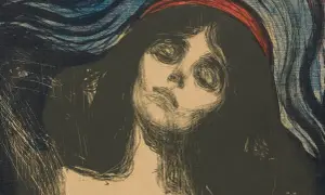 Intensywny portret kobiety z krwawą opaską na głowie, w stylu Edvard Munch Madonna.
