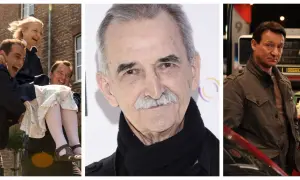 Trzy sceny z filmów Marka Koterskiego: radośni ludzie na ulicy, zbliżenie na twarz aktora i mężczyzna przy dystrybutorze paliwa.