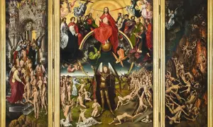 Tryptyk ukazujący Sąd Ostateczny. Symbolizm w malarstwie przykłady: zbawieni w niebie, cierpiący w piekle, archanioł Michał ważący dusze.