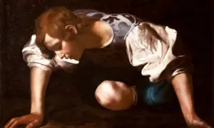 Obraz Caravaggia: młody mężczyzna pochyla się nad wodą, wpatrzony w swoje odbicie. To narcyz, uwięziony w miłości własnej.