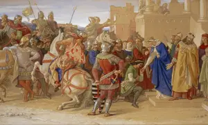 Rycerze Okrągłego Stołu w zbrojach i z tarczami, wśród nich królowie i damy, przygotowują się do ceremonii.