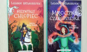 Dwie okładki książek z serii "Legendy Arturiańskie": "Niezwykły chłopiec" z rycerzem i smokami, oraz "Mroczna czarodziejka" z magią, nawiązujące do legend Camelotu.