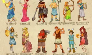 Bogini piękna Afrodyta, obok innych greckich bogów i herosów, takich jak Zeus, Hera, Ares, Posejdon, Artemida, Apollo, Atena, Hefajstos, Herakles, Hermes i Hestia.