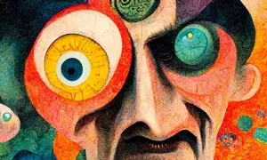 Surrealistyczne dadaizm przykłady: twarz z wielkimi, kolorowymi oczami i wirującymi kształtami.