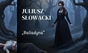 Mroczny las, gdzie leży martwa dziewczyna, a obok niej stoi Balladyna z zakrwawionym sztyletem.