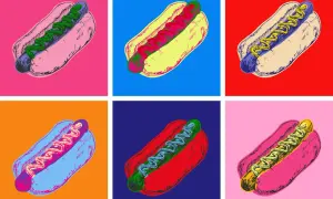 Pop art przykłady: sześć hot dogów w różnych, jaskrawych kolorach, każdy na innym tle.