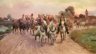 Obraz przedstawia barwny korowód konny i wozów, ludzi w strojach ludowych, przypominający sceny z życia wsi, często spotykane w maki w malarstwie polskim.