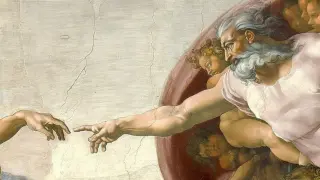 Boska iskra życia. Stworzenie Adama interpretacja Michała Anioła, gdzie Bóg tchnie życie w człowieka.