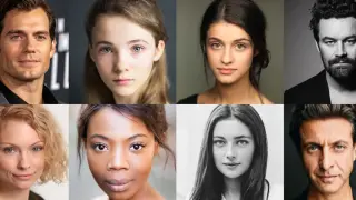 Portrety aktorów z serialu Wiedźmin: Henry Cavill, Freya Allan, Anya Chalotra, Joey Batey, Mimi Ndiweni, Anna Shaffer, Therica Wilson-Read.