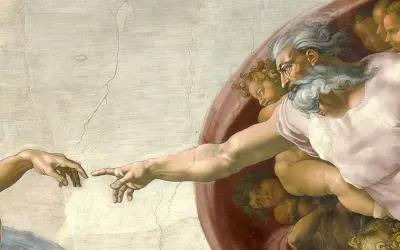 Boska iskra życia. Stworzenie Adama interpretacja Michała Anioła, gdzie Bóg tchnie życie w człowieka.