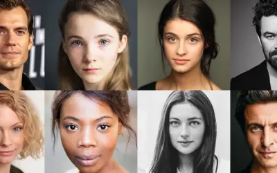 Portrety aktorów z serialu Wiedźmin: Henry Cavill, Freya Allan, Anya Chalotra, Joey Batey, Mimi Ndiweni, Anna Shaffer, Therica Wilson-Read.