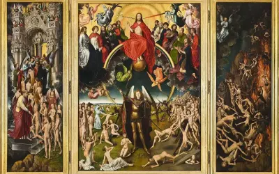 Tryptyk ukazujący Sąd Ostateczny. Symbolizm w malarstwie przykłady: zbawieni w niebie, cierpiący w piekle, archanioł Michał ważący dusze.