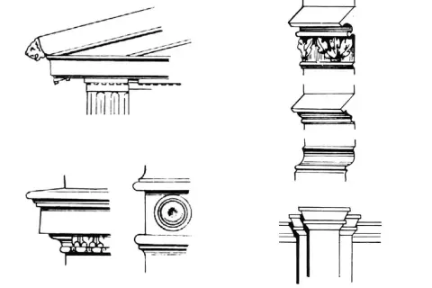 Rysunki detali architektonicznych: gzyms, kapitel z liśćmi, baza kolumny i fragment belkowania. Ilustracja porządki architektoniczne.