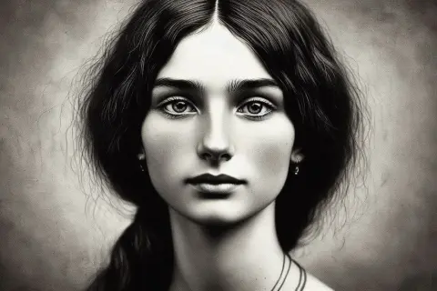 Portret młodej kobiety o ciemnych włosach i przenikliwym spojrzeniu. To siostra Rodiona, której oczy zdają się skrywać tajemnicę.
