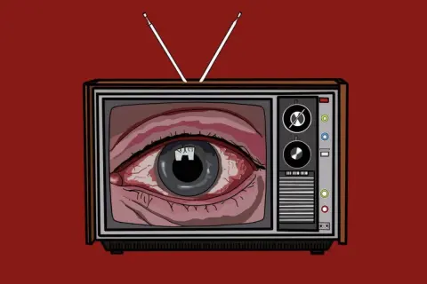 Telewizor z wielkim, czerwonym okiem zamiast ekranu. To symbol, jak policja myśli o kontroli i inwigilacji.