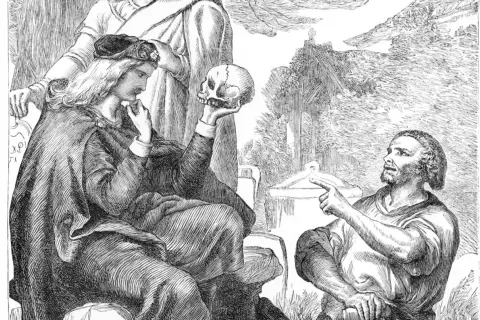 Hamlet, polski obraz. Książę rozważa czaszkę, podczas gdy Horacy wskazuje na coś w oddali.