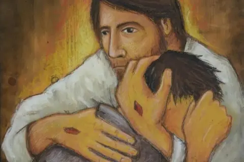 Jezus pociesza wątpiącego Tomasza, pokazując mu swoje stygmaty.