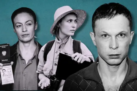 Trzy postacie z filmów i seriali Jana Holoubka: kobieta z legitymacją policji, podróżniczka w kapeluszu i mężczyzna o intensywnym spojrzeniu.