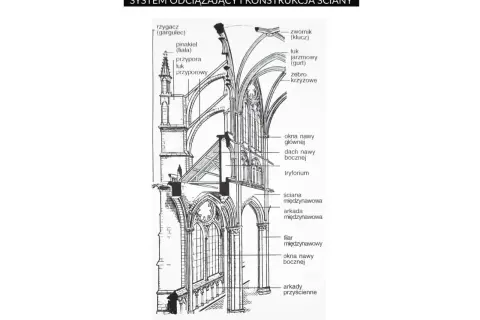 Przekrój architektoniczny ukazujący system odciążający i konstrukcję ściany w stylu gotyk, z elementami jak przypory, łuki i żebra krzyżowe.