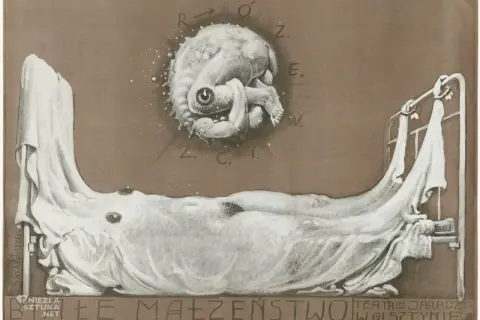 Surrealistyczne obrazy Starowieyskiego: groteskowa postać nad łóżkiem, litery R.O.Z.E.W.Z.C.I. i napis "Małe Małżeństwo".
