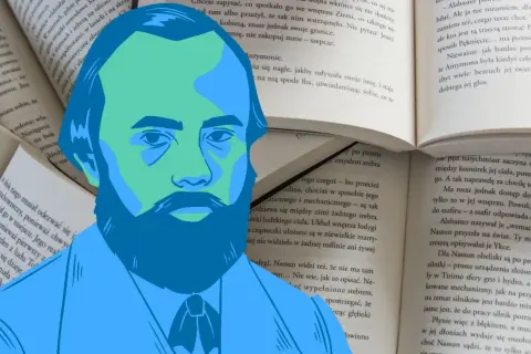 Stylizowany portret Fiodora Dostojewskiego na tle otwartej książki. Fiodor Dostojewski biografia.