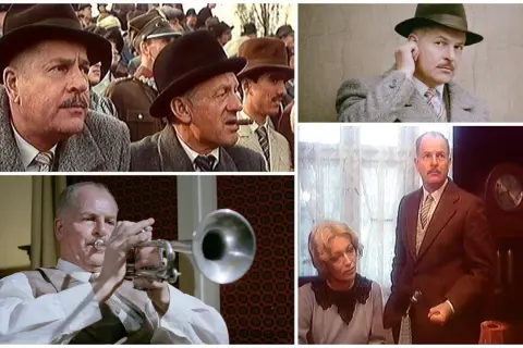 Kadr z filmu "Vabank". Reżyser Juliusz Machulski w różnych wcieleniach, grający na trąbce i w eleganckim kapeluszu.