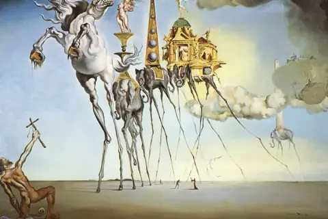 Długonogie słonie niosące budowle i koń na cienkich nogach, to klasyczny przykład surrealizmu.