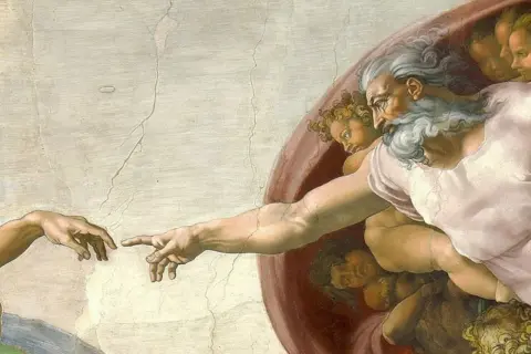 Boska iskra życia. Stworzenie Adama interpretacja Michała Anioła, gdzie Bóg tchnie życie w człowieka.