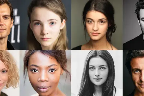 Portrety aktorów z serialu Wiedźmin: Henry Cavill, Freya Allan, Anya Chalotra, Joey Batey, Mimi Ndiweni, Anna Shaffer, Therica Wilson-Read.