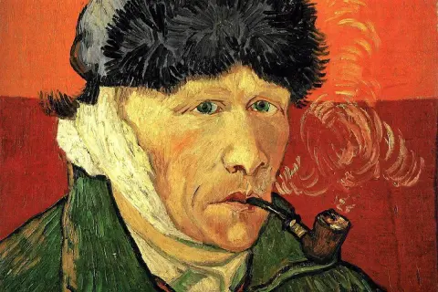 Van Gogh obrazy najsłynniejsze: autoportret z zabandażowanym uchem i fajką, namalowany z charakterystyczną ekspresją.