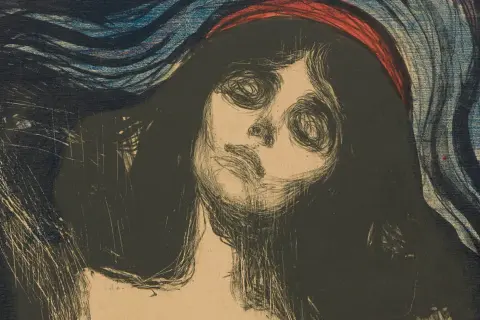 Intensywny portret kobiety z krwawą opaską na głowie, w stylu Edvard Munch Madonna.